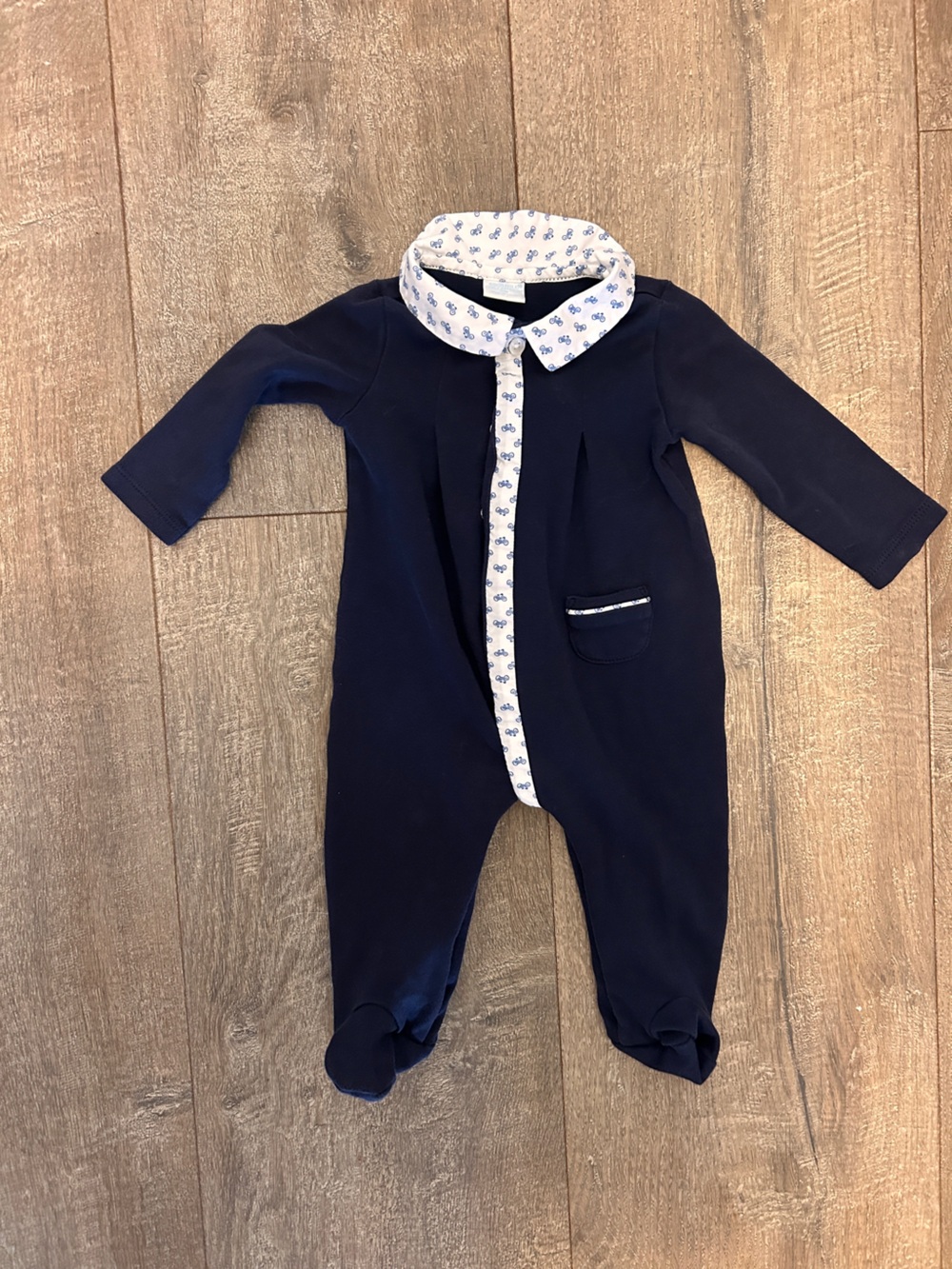 Edgehill Collection 3M Baby Blue White Bicycle Collar Longslv  Footed Coverall